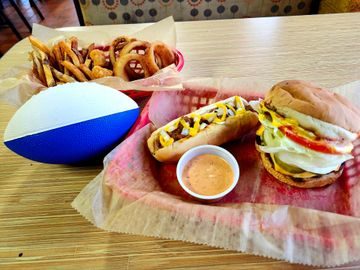 The Diner SUPER Sampler on a table at Hot Dog Diner & Burger Company in Parma, Ohio