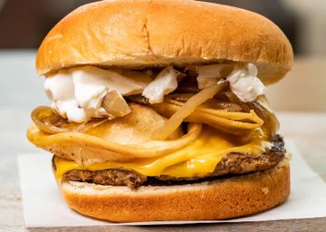 Pierogi Burger at Hot Dog Diner & Burger Company in Parma, Ohio